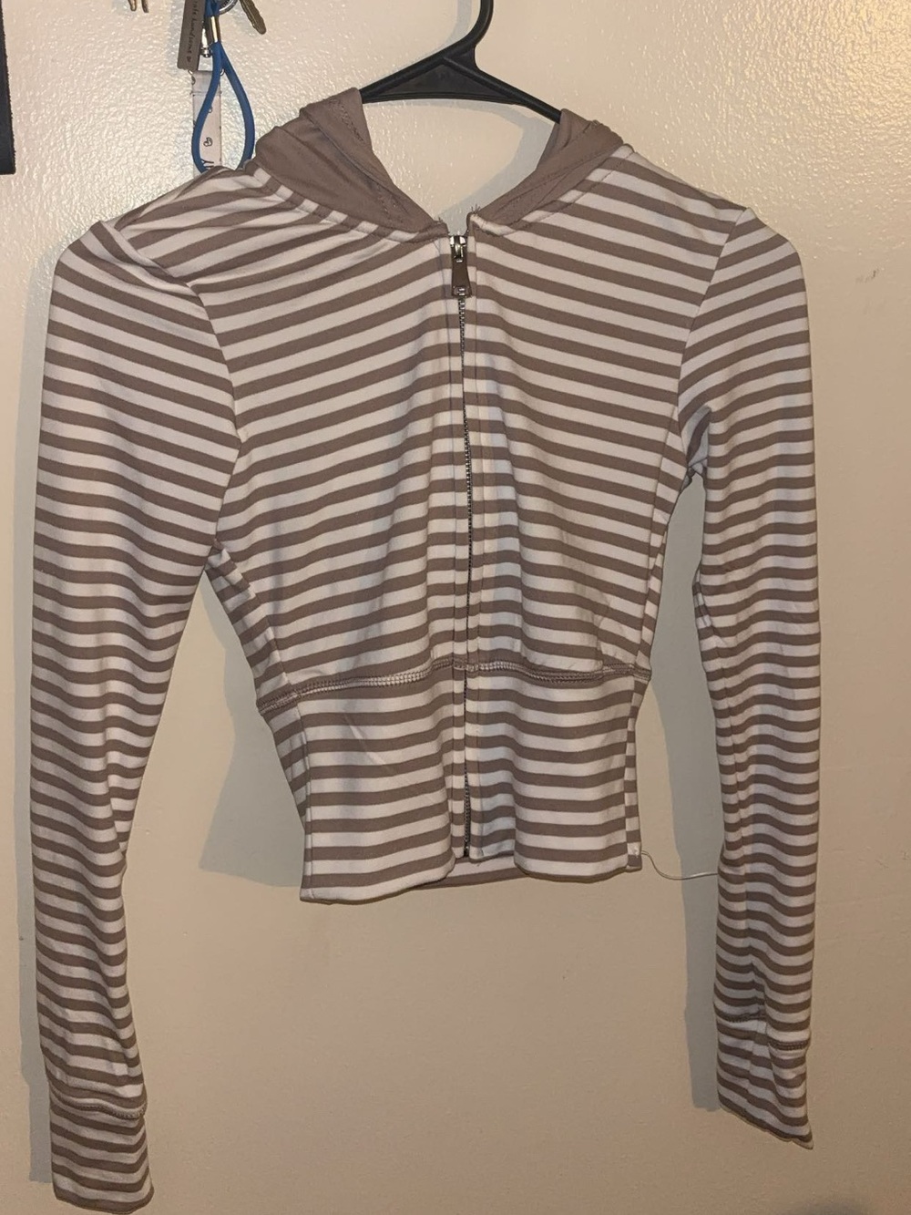 Striped Zip Hoodie Crop Top - Taupe & White